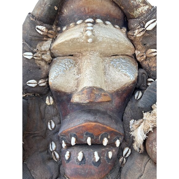 African Tribal Mask With Cowrie Shells Handcrafted Wooden Wall Decor - Picture 2 of 16